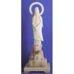 仏師 萩原文義作 木彫仏像 #25「白衣観音立像（龍）」身丈24cm総丈42cm