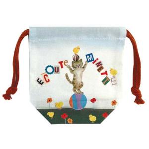 E.minette EM.ねこ巾着 玉乗り 小物入れ 布きんちゃく コップ入れ コスメ プレゼント おしゃれ プレゼント 猫雑貨 猫柄｜ooyamanekoshokai