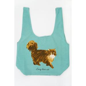 フレンズ ヒル キャットマルシェ マルシェバッグ 大容量エコバッグ 大きめサイズ 綿100％ ブルー ミント 長毛猫 猫柄 大人