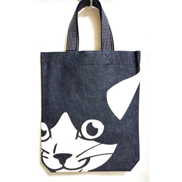 倉敷屋 ハチワレ猫 デカ顔インディゴマチ付バッグ A4の入るトート デニム かわいい 猫柄 グッズ ...