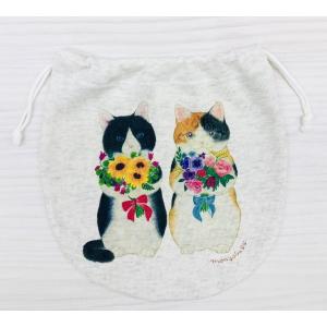 モンゴベス 巾着M 花束猫 ハチワレとミケ猫 かわいい巾着 ポーチ お薬入れ ケース 布の袋 おしゃれ プレゼント 猫雑貨｜ooyamanekoshokai