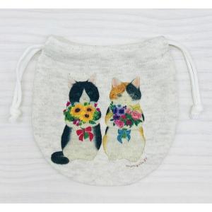 モンゴベス 巾着S 花束猫 ハチワレとミケ猫 かわいい豆巾着 ポーチ お薬入れ ケース 布の袋 おしゃれ プレゼント 猫雑貨｜ooyamanekoshokai