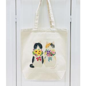 モンゴベス A4キャンバストートバックM 花束猫 ハチワレとミケ猫 A4サイズ カラフル サブバッグ おしゃれ プレゼント 猫雑貨｜ooyamanekoshokai