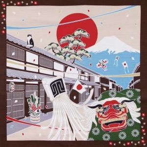 前田染工 たまのお散歩 お正月（1月） New Year 日本製 季節の小風呂敷 型友禅 和柄  四季 ハンカチ タペストリー ランチクロス ハチワレ 白黒猫 おしゃれ｜ooyamanekoshokai