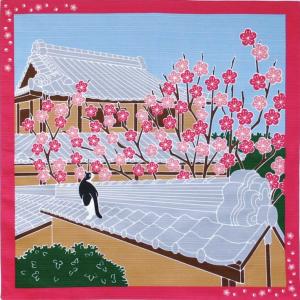 前田染工 たまのお散歩 梅（2月） Plum blossoms 日本製 季節の小風呂敷 型友禅 和柄  四季 ハンカチ タペストリー ランチクロス ハチワレ 白黒猫 おしゃれ｜ooyamanekoshokai