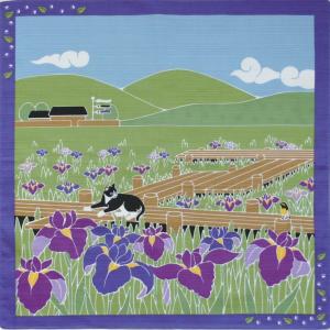 前田染工 たまのお散歩 花菖蒲（5月）Iris 日本製 季節の小風呂敷 型友禅 和柄  四季 ハンカチ タペストリー ランチクロス ハチワレ 白黒猫 おしゃれ｜ooyamanekoshokai