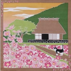 前田染工 たまのお散歩 秋桜（9月）Cosmos コスモス 日本製 季節の小風呂敷 型友禅 和柄  四季 ハンカチ タペストリー ランチクロス ハチワレ 白黒猫｜ooyamanekoshokai