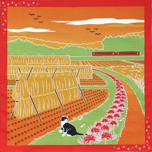 前田染工 たまのお散歩 彼岸花（10月）Cluster Amaryllis 日本製 季節の小風呂敷 型友禅 和柄  四季 ハンカチ タペストリー ランチクロス ハチワレ 白黒猫｜ooyamanekoshokai
