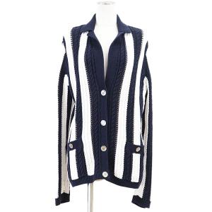 【極美品】CHANEL シャネル ニットカーディガン P74635 レディース 36 COCOマークボタン ジャケット ポロカラー ストライプ マリン 白 紺