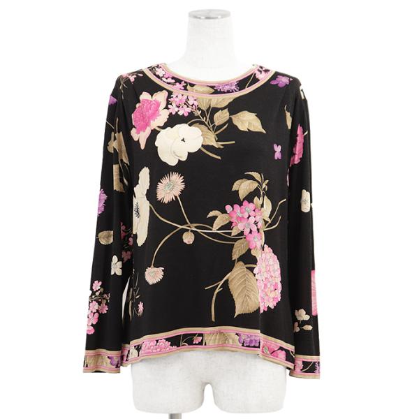 SALE【美品】LEONARD レオナール カットソー LL レディース 花 ロゴ プリント シルク...