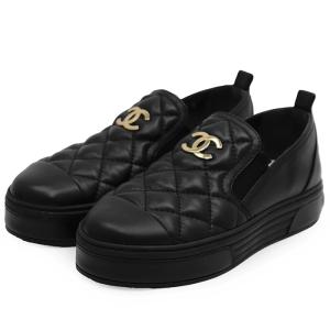 【新品同様】CHANEL シャネル スリッポン サイズ 38 レディース G39180 マトラッセ ココマーク レザー シューズ 靴 箱・袋付属 黒 金色