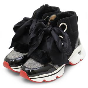 【新品同様】Christian Louboutin クリスチャンルブタン スニーカー 37 1/2 レディース ファー ラメ リボンシューレース 靴 付属有 黒 伊製