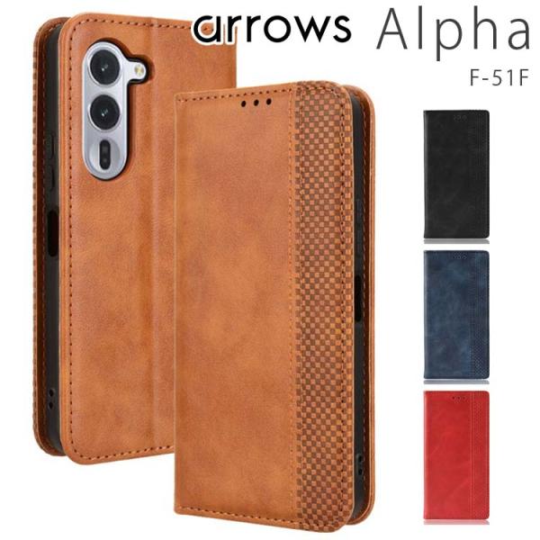 arrows Alpha ケース 手帳 arrowsalpha  チェック柄 レトロ レザー 手帳型...