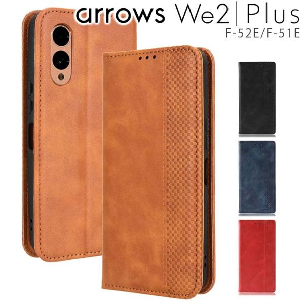 arrows We2 ケース 手帳 Plus チェック柄 レトロ レザー 手帳型 ケース 北欧風 F...