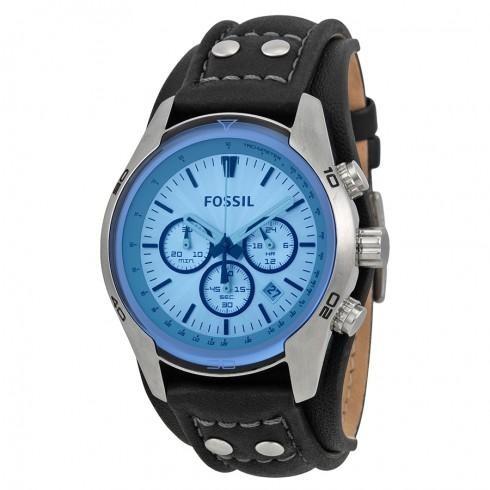 Blue Glass Chronograph Black Leather Strap Men's W...