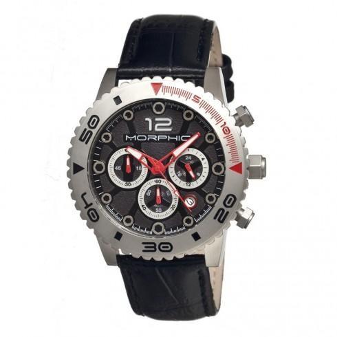 Grey Dial Chronograph Black Leather Men's Watch