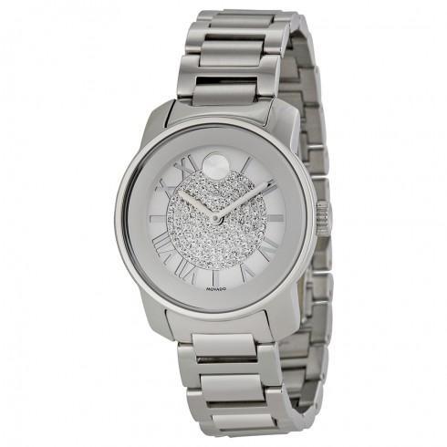 Bold Silver Crystal Pave Dial Stainless Steel Ladi...