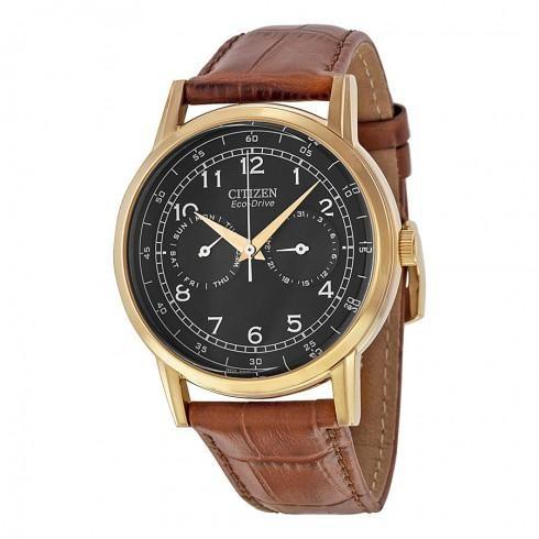 Eco Drive Black Dial Brown Leather Rose Gold-tone ...