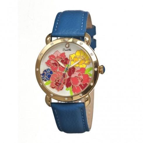 Angela Floral Design Mother of Pearl Dial Blue Lea...