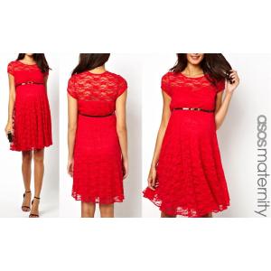 マタニティウエア エイソス asos ベルト付き半袖レースドレスワンピース マタニティーワンピ レッ...