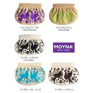モイナ（Moyna）バード刺繍ギャザークラッチバッグ/小鳥柄/ブラック＆グリーン＆パープル