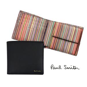 ポールスミス(PAUL SMITH)二つ折り財布 本革レザー/コンパクトウォレット/ブラックストライプ