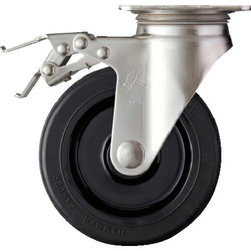 ハンマー Sシリーズオールステンレス 旋回式ゴム車輪(ナイロンホイール)150mm ストッパー付 (...