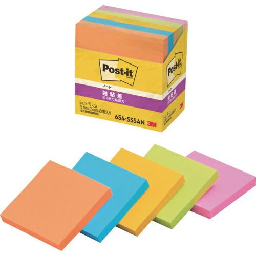 【SALE価格】3M ポスト・イット 強粘着 75X75mm 90枚X5パッド 5色混色 ( 654...