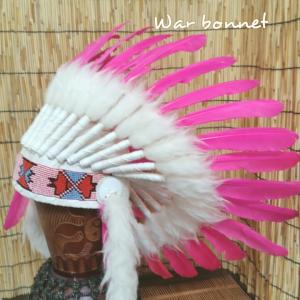 ウォーボンネット  羽根かんむり  wn-5 ピンク　2種類あり　ネイティブ　インディアン 帽子・コスプレ 羽根飾り｜orangutan2019