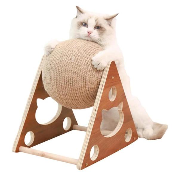 猫のスクラッチボール 猫のエクササイズホイール キャットタワー 木製 三角型 サイザル麻紐巻き 爪研...