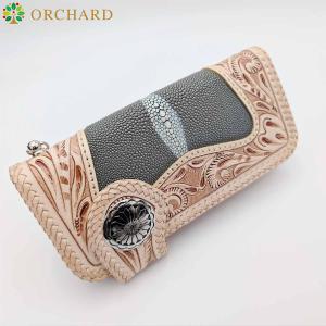 長財布 ロングウォレット フラワー 編み込み カービング 牛革