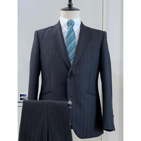 メンズスーツ ストライプ柄 黒 ブラック パーティスーツ  ゲストスーツ おしゃれ 光沢 AB体 裾...