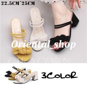 サンダル レディース ストラップ 2way リボン ハイヒール パンプス チャンキー シューズ ミュール 歩きやすい 6cｍ