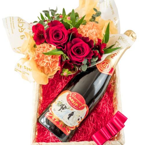 記念日 フラワーアレンジメント お花 ワインギフト【無料 ラッピング メッセージカード】シャンパン ...