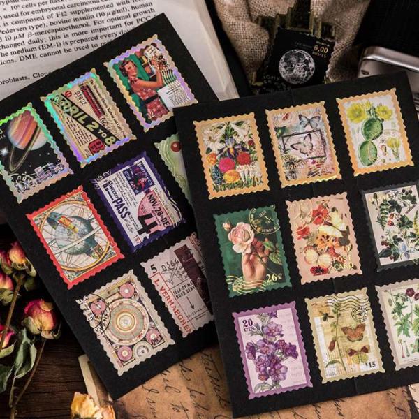 即納 金箔押し フレークシール 海外シール 切手 花 宇宙 英字 スタンプ シール 海外ステッカー ...