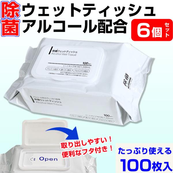 即納 除菌ウェットティッシュ アルコール ふた付き100枚入6個セット 除菌シート