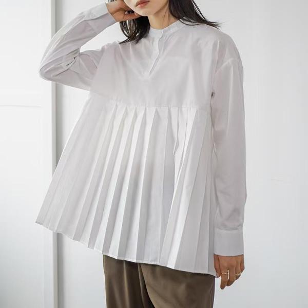 プリーツ切り替えシャツ ヘンリーネック ブラウス 無地  フレアで体型カバー スタンドカラーにも映え...