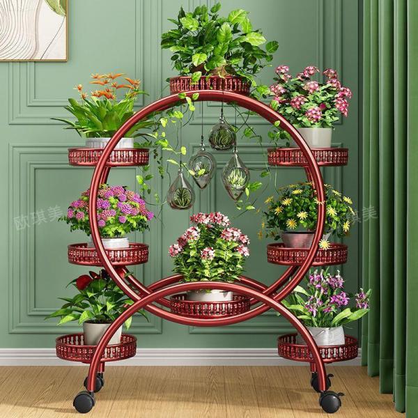 フラワースタンドアイアン6段ガーデンラックキャスター付き屋内屋外植物棚おしゃれベランダテラスリビング...