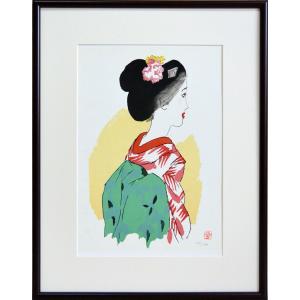竹久夢二、【思出の小春】、希少な大判額装用画集より、美品、新品額装付 竹久夢二版画額「春の雪」 | Natsume Books