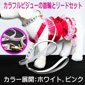 小・中型犬向き　カラフルビジューの首輪とリードのセット　　20.5〜26.5／27.5〜33.5cm｜osanpo