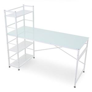 LOWYA ロウヤ デスク パソコンデスク 収納ラック付 左右対応 角丸天板 ワイド 幅140cm ガラス天板 ホワイト 新生活