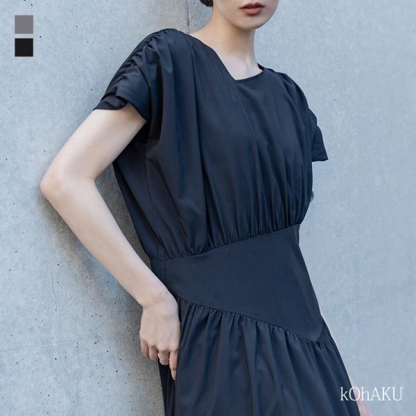 ワンピース レディース ドレス ロング丈 マキシ丈 半袖 ギャザー アシンメトリー アシメ きれいめ...