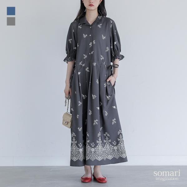 ワンピース レディース 夏 半袖 ドレス ロング丈 半袖 花柄 プリント スカラップレース キャンデ...