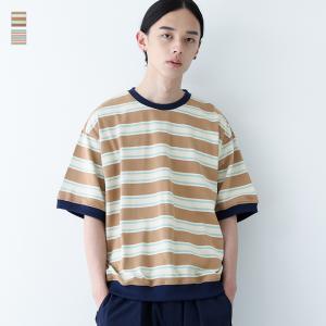 Tシャツ メンズ 春 夏 M L カッソー 半袖 五分袖 綿100％ リンガーネック リブ 配色 マルチボーダー柄 大きいサイズ オシャレウォーカー「メール便不可」「20」