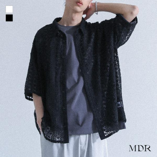 シャツ 半袖 メンズ 春 夏 白 黒 M L カジュアルシャツ 透かし編み 編み柄 羽織 綿混 レギ...