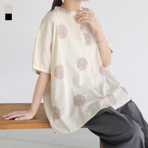 ブラウス 半袖 レディース 春 夏 白 M シャツ 五分袖 ドット柄 刺繍 コットンリネン 羽織 40代 50代 二の腕カバー オシャレウォーカー「メール便可」「10」