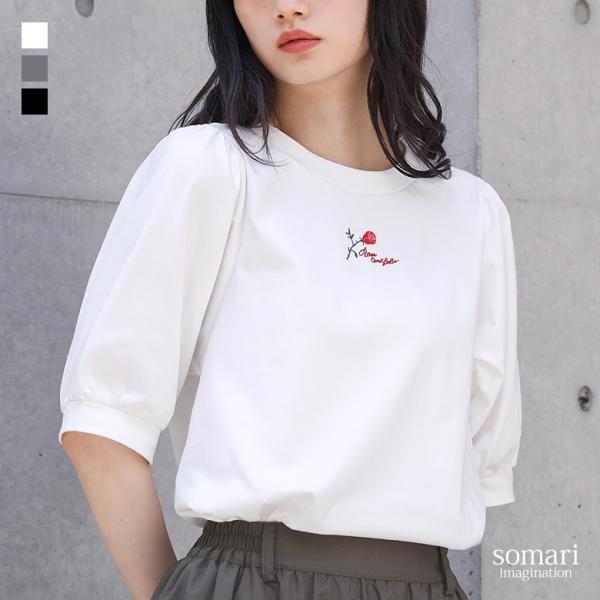 カットソー レディース トップス 半袖 クルーネック パフスリーブ ロゴ 刺繍 バラモチーフ 接触冷...