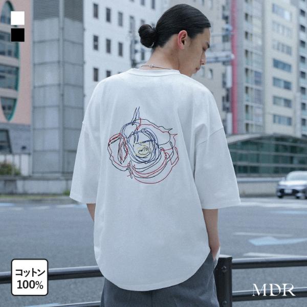 Tシャツ メンズ トップス 半袖 カットソー 刺繍 花柄  クルーネック 綿100％ オーバーサイズ...