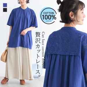 ブラウス レディース 春 夏 トップス 半袖 バンドカラー コットン100％ 綿100％ カットレース 無地 40代 50代 黒 オシャレウォーカー「メール便可」「10」