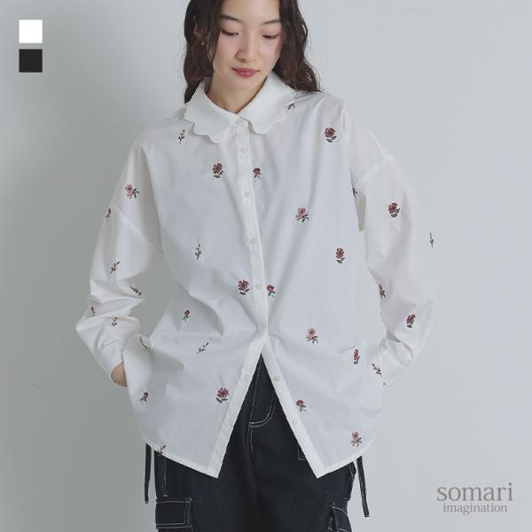 シャツ 長袖 レディース トップス ブラウス スカラップ 襟付き 刺繍 花柄 レイヤード 重ね着「メ...